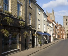 Cathedral tower and historic buildings, Bury St Edmunds, Suffolk, England, United Kingdom, Europe