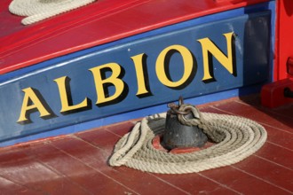 Historic wherry boat called 'Albion' on the River Yare, maintained by the Norfolk Wherry Trust,