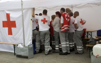 Medical team at Roller blading Fit for Free Skate Jam youth event demonstration central Rotterdam,