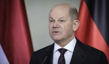 Olaf Scholz, Federal Chancellor, recorded during a press conference at the Federal Chancellery in