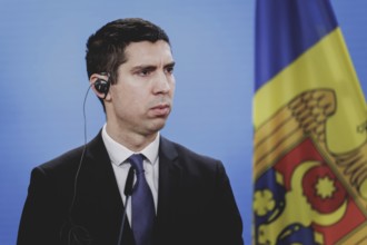 Mihai Popsoi, Foreign Minister of Moldova, photographed during a press conference with the German