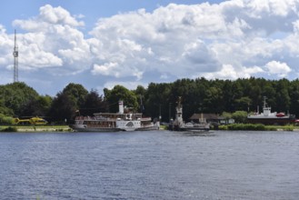 Rescue helicopter near paddle steamer Freya in the Kiel Canal, Kiel Canal, Schleswig-Holstein,