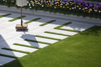 Beautiful stone terrace in a well-tended ornamental garden