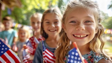 Cute children celebrating the american holiday with friends and family at the parade. generatvie