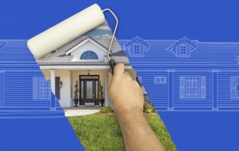 Before and after of man painting roller to reveal custom home photograph under blueprint sketch