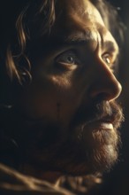 Profile portrait of jesus christ in dramatic lighting, generative AI, AI generated