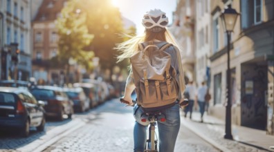 Happy young woman tourist is riding a bicycle on a European street, AI generated