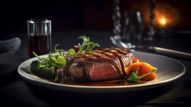 Fresh succulent top sirloin steak with sauteed vegetables on the flame grill, generative AI.-