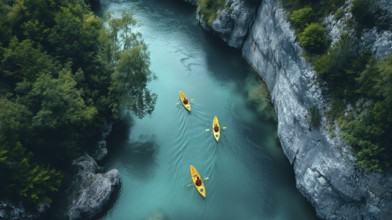 Aerial view of kayakers paddling along a beautiful mountain river. generative AI, AI generated