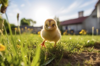 Cute fluffy yellow chick outdoors in grass, AI generated