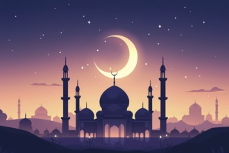 Ramadan with a mosque silhouetted against a starry night sky, illuminated by the crescent moon, AI