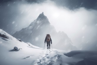 A mountaineer in mountains approaching a majestic snowy mountain peak amidst a snowfall and snow