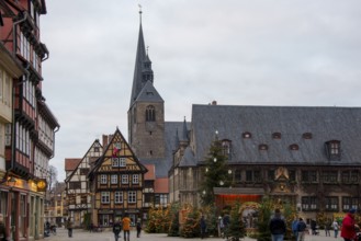 Quedlinburg market square at Christmas time, Quedlinburg, Saxony-Anhalt, Germany, Europe