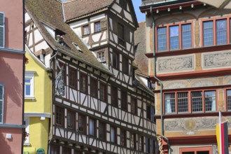 Houses, half-timbered, right Tübingen town hall, friezes, sgraffito painting, paintings, facade