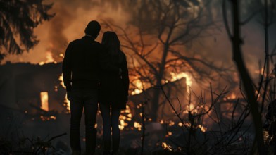 Couple embracing standing stunned gazing at the fire ruins of their home. generative AI, AI