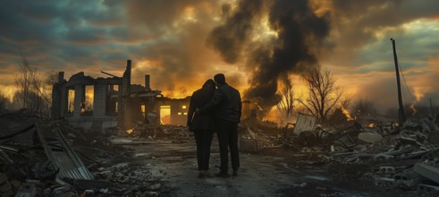 Couple embracing standing stunned gazing at the fire ruins of their home. generative AI, AI