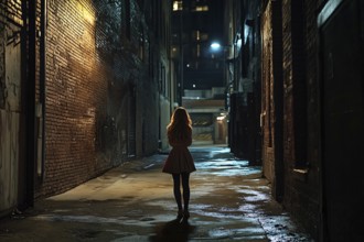 Back view of woman walking on her wa yhome in dark street at night. Generative AI, AI generated