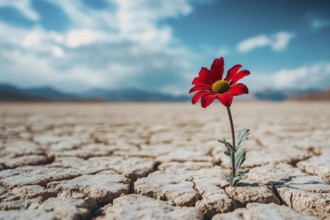 Single red flower growing in desert sand. Generative Ai, AI generated