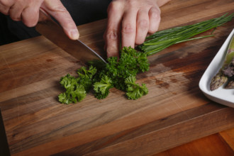 South German cuisine, vegetables, vegetarian, cutting parsley for vinaigrette, chives, preparation,