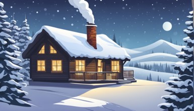 Snow-covered cottage in a serene winter scene in vector style, AI generated