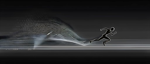 Wave of data points shaping into a runners silhouette, abstract illustration in black and white,