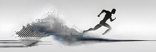 Wave of data points shaping into a runners silhouette, abstract illustration in black and white,