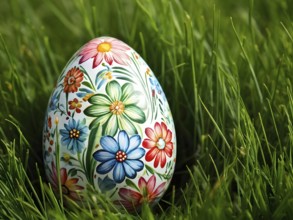 Painted Easter egg nestled in a bed of fresh green grass, showing intricate hand-painted floral