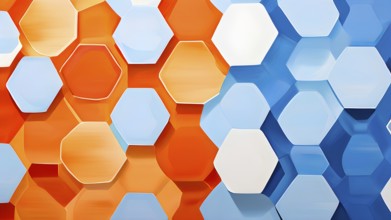 Abstract composition of interlocking blue and orange hexagons, AI generated