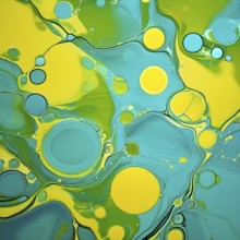 Abstract wallpaper with colorful blobs and liquid shapes on a green background, AI generated