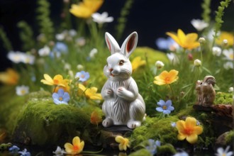 Vintage porcelain rabbit figurine surrounded by small, colorful spring flowers and soft moss, AI