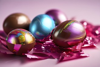 Small chocolate Easter eggs wrapped in shiny foil, placed on a bed of shredded pastel-colored