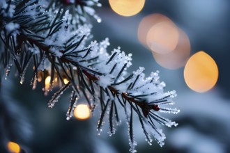 Detailed shot of frosted pine branches with twinkling fairy lights and icicles hanging, creating a