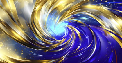 Abstract Illustration of energetic and dynamic swirl of gold, silver, and deep blue hues,