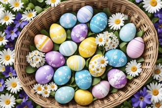 Illustration of of vibrant colored Easter eggs in a wicker basket, surrounded by delicate spring