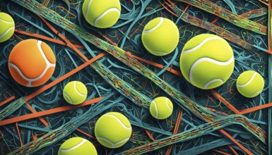 Vibrant mix of abstract circuitry intertwined with tennis balls, representing AI role in