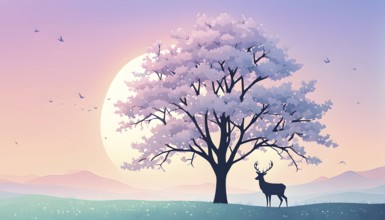 Abstract minimalist spring scene with a single, sharp silhouette of a deer and of a blooming tree,