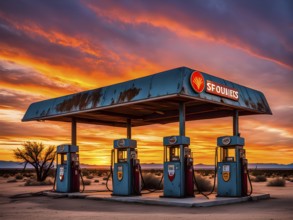 Abandoned retro gas station in the middle of a desert at sundown, with rusted gas pumps and an old