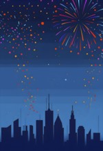 Minimalist, geometric skyline at night, with subtle fireworks in the sky, represented by colorful