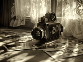 Vintage film camera surrounded by black and white photos in soft sunlight, AI generated