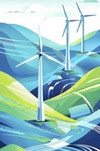 Abstract wallpaper illustration of interconnected wind turbines, represented by flowing lines and