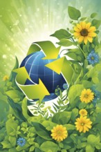 Recycling symbol morphing into growing plants and solar cells to symbolize the transformation of