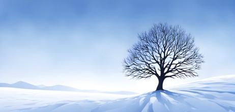 Abstract minimalist winter scene with a single, sharp silhouette of a snow-covered tree on a vast,