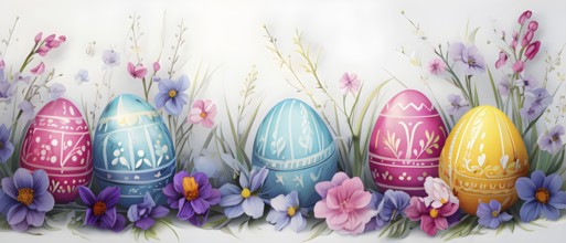 Abstract illustration of of vibrant-colored Easter eggs, surrounded by delicate spring flowers, AI