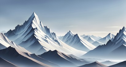 Abstract mountain range made of clean, geometric shapes with varying tones of grey and white, AI