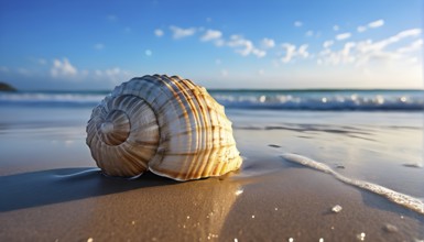 Isolated seashell resting on a smooth, empty beach, with soft waves gently approaching the