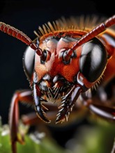 Extreme close-up of a red ant (Formica rufa), focusing on its sharp mandibles, textured