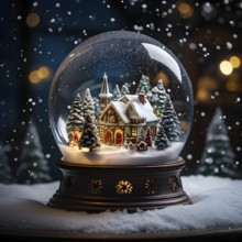 Snow globe with a tiny festive village inside, capturing the swirling snow and the light