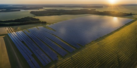 Top down aerial view of a photovoltaic plant arranged in symmetric rows, AI generated