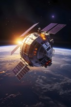 Satellite with solar panels hovering above earth, AI generated