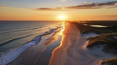 Aerial view of Sunset mood on a whispering tranquil costal landscape with sandy beach, AI generated